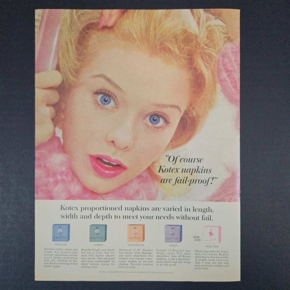 1964 Kimberly-Clark Kotex Feminine Sanitary Napkins Vintage Print Ad Slenderline